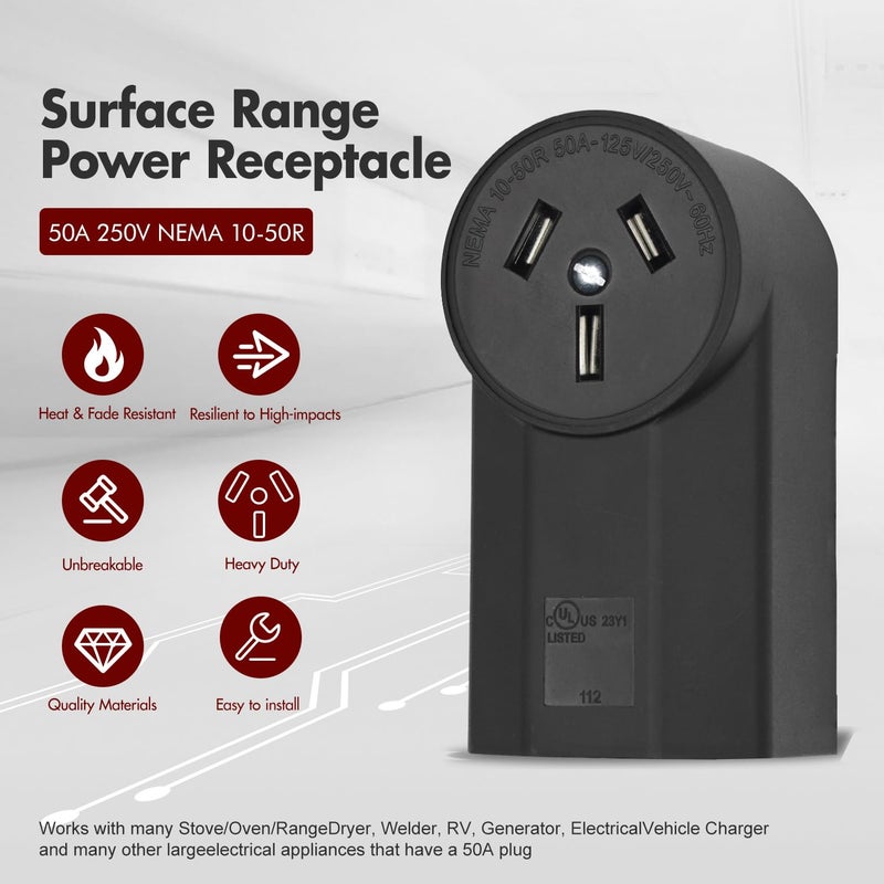 micmi NEMA 10-50R Receptacle 3-Pole 3-Wire Surface Mount Range Power Receptacle, Industrial Grade 50A 125/250V UL Listed, Black (NEMA 10-50R) - Image 2